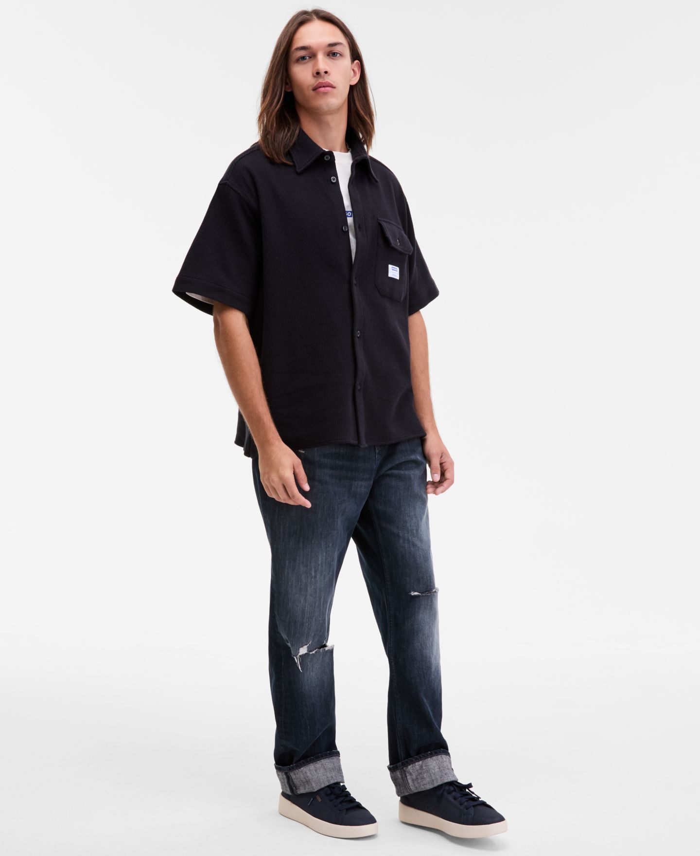 Мужская рубашка Hugo Boss Ebaffino Relaxed-Fit Short-Sleeve, цвет: Чёрный — фото 3