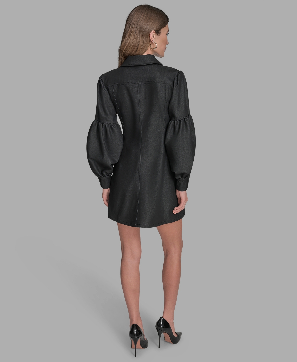 Bcbg Women's Button-front Balloon Sleeves Mini Denim Dress In Black
