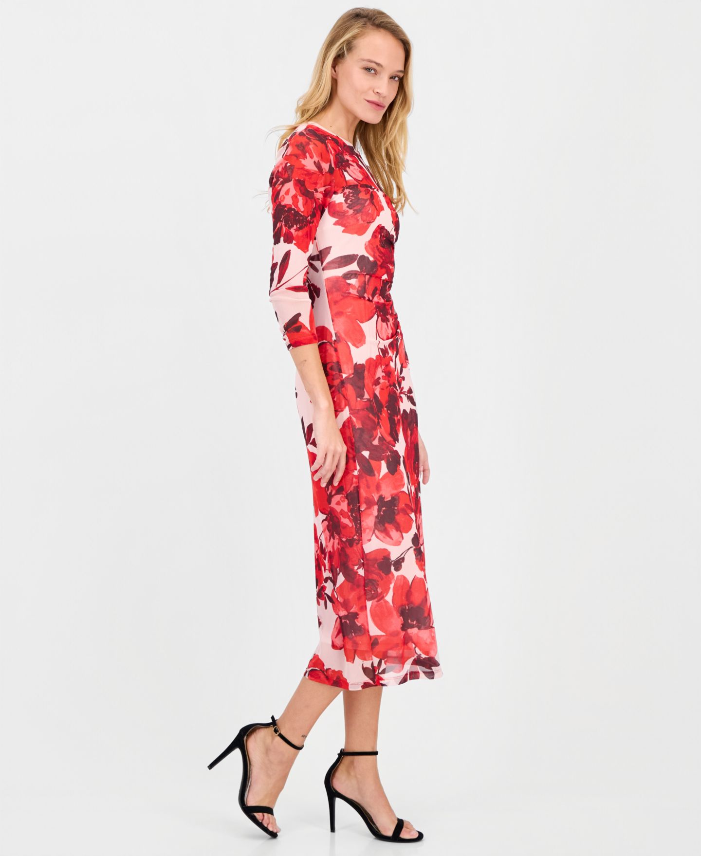 Женское платье Anne Klein Side-Ruched 3/4-Sleeve Midi, цвет: Розовый туманный разноцветный — фото 3