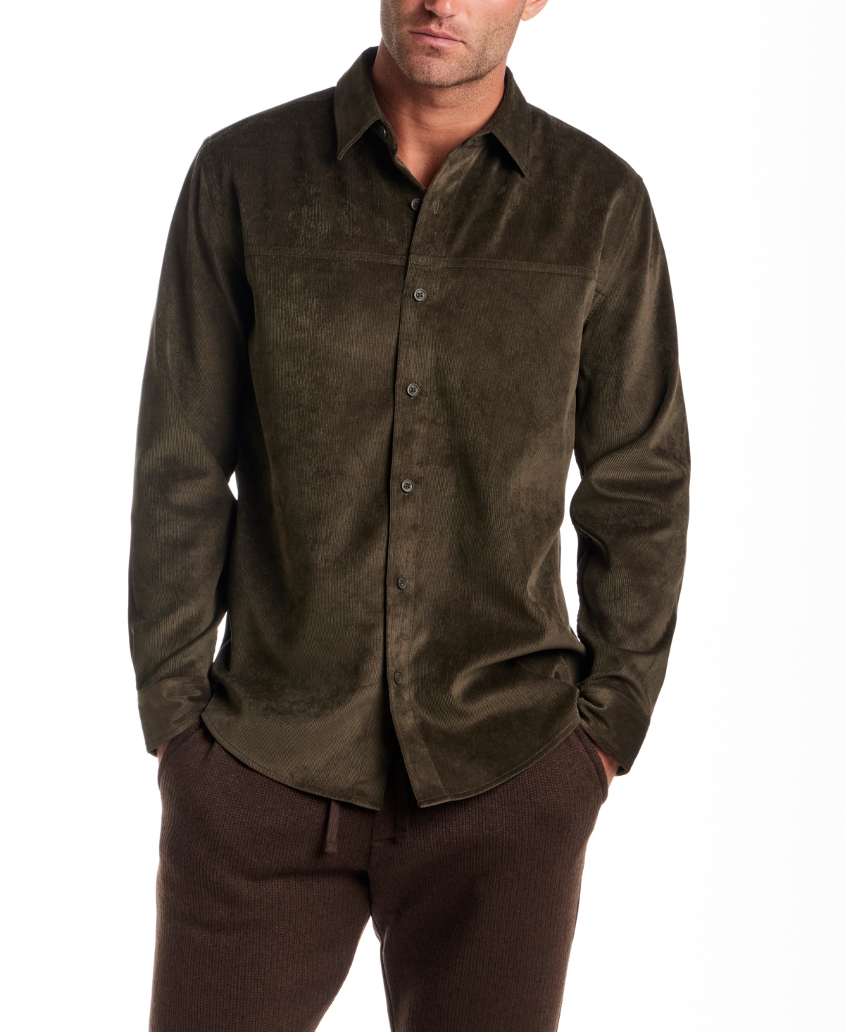 Vintage & Black Men's Long Sleeve Button Down Solid Cord Shirt In Brown