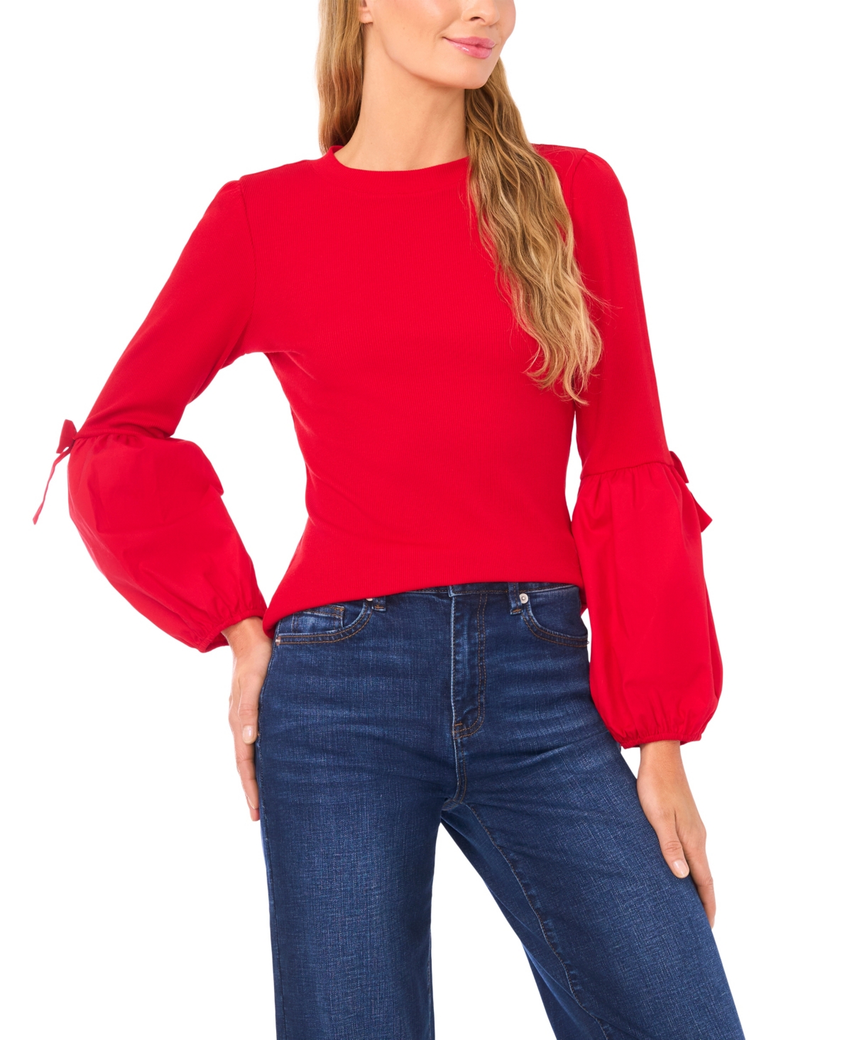 Cece Women's Mix Media Rib Knit Balloon Long Sleeve Blouse In Red