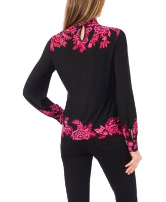 Women's Border Print Long Sleeve Mock Neck Top