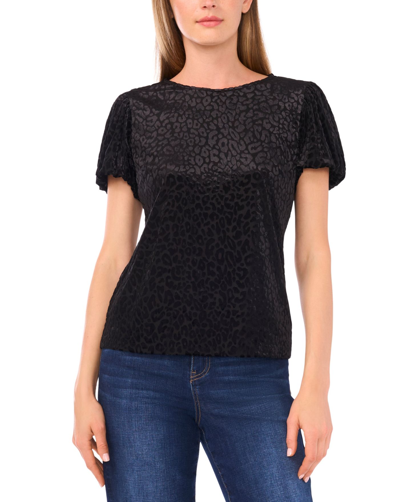 Женская блузка CeCe Velvet Puff Short Sleeve Crewneck, цвет: Насыщенный чёрный — фото 1