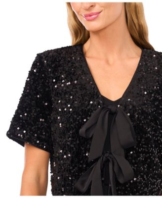 Women's Cropped Velvet Sequin Short Sleeve Top