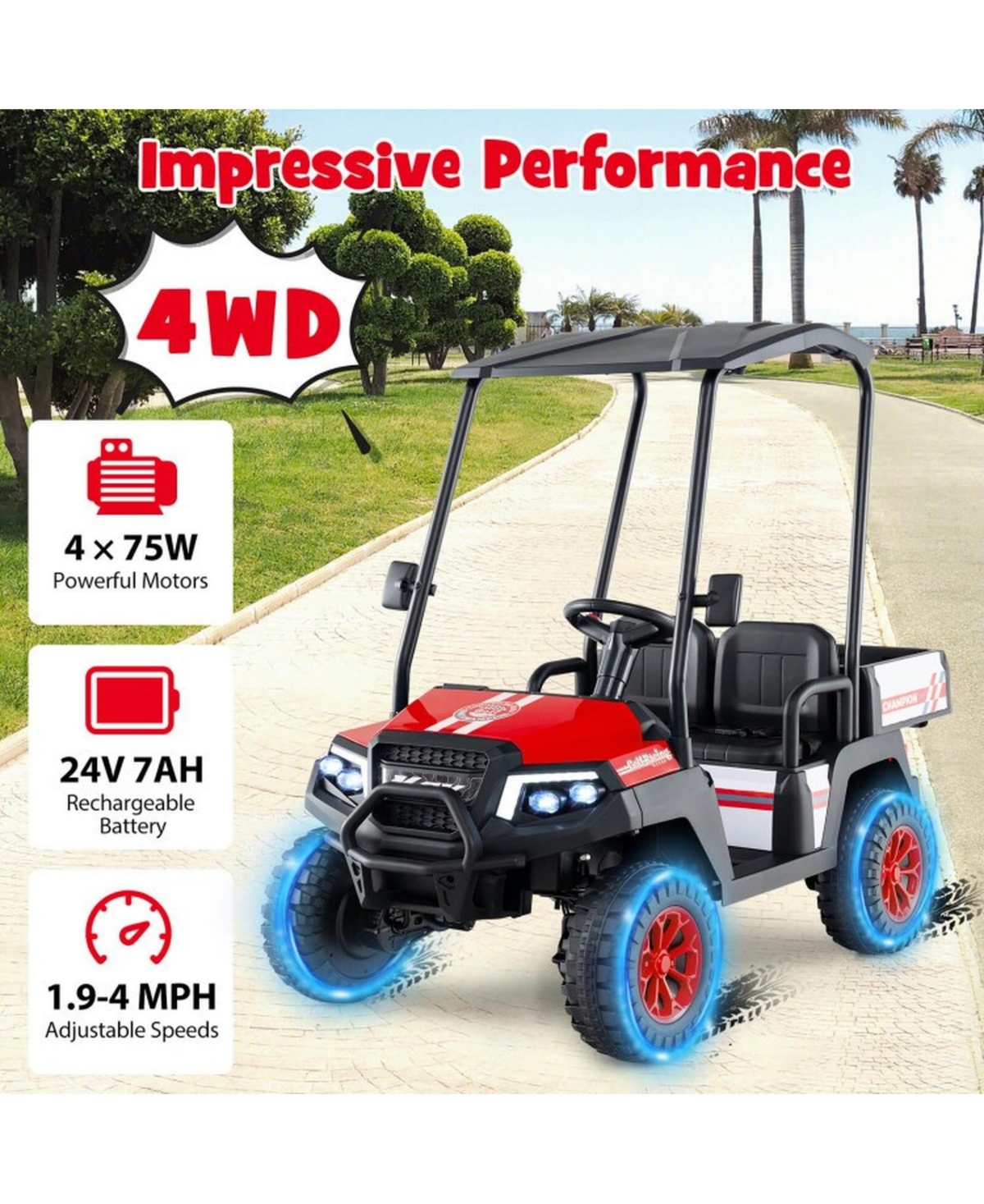 24V Kids Golf Cart 4WD 2-Seater Ride on Car with Storage Trunk and Horn