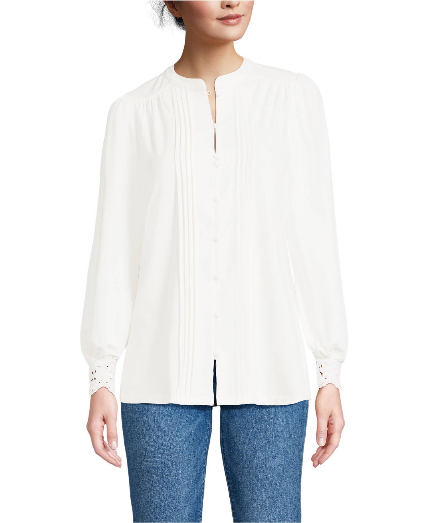 Women's Lightweight Jersey Long Sleeve Button Front Pintuck Top