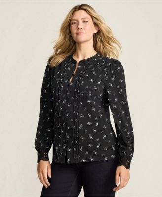 Women's Lightweight Jersey Long Sleeve Button Front Pintuck Top
