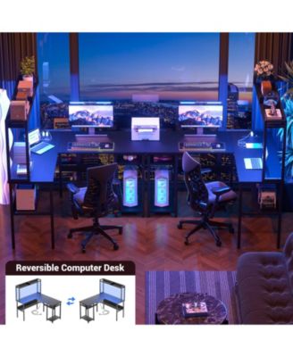 L Shaped Desk with Hutch, LED Lights, Reversible Corner Desk with Power Outlet
