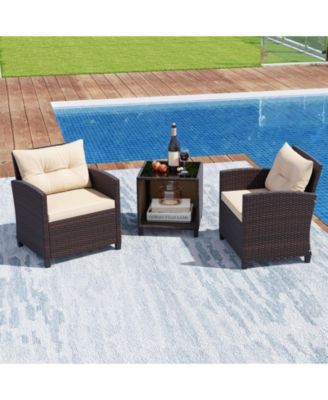 3-Piece Patio Furniture Set PE Rattan Conversation Set w/ Glass Coffee Table Outdoor