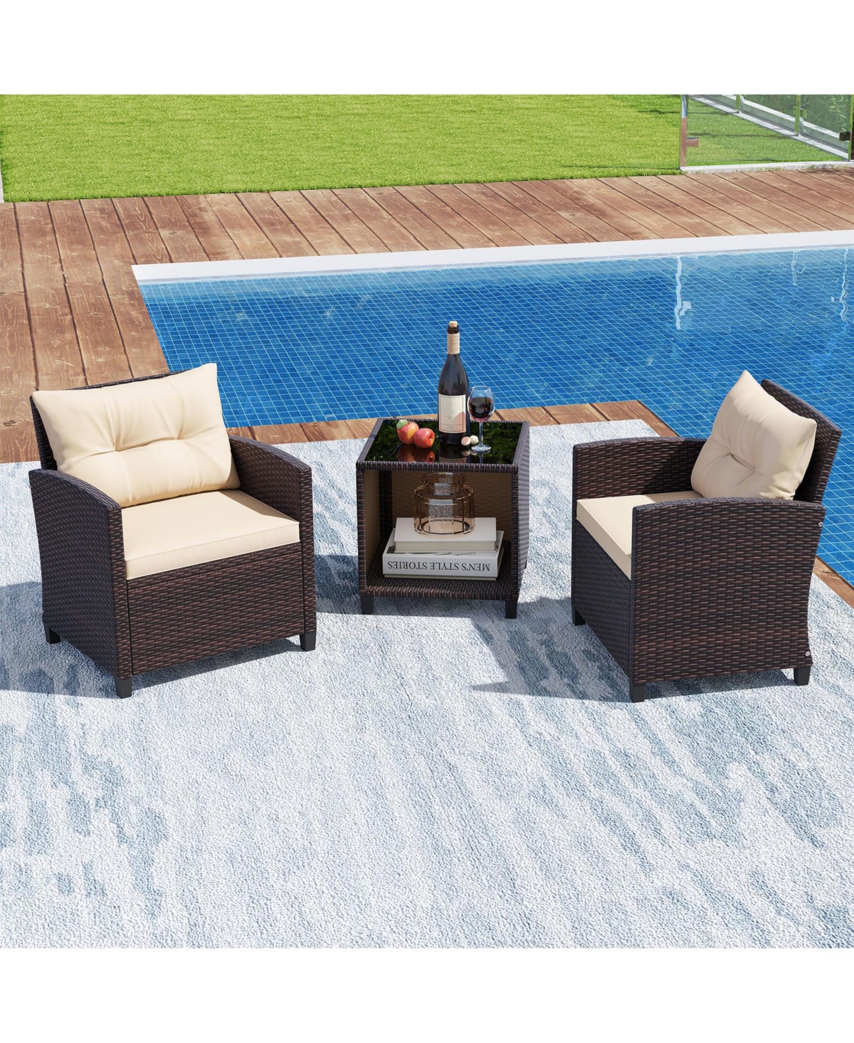 Gymax 3-Piece Patio Furniture Set Pe Rattan Conversation Set w/ Glass Coffee Table Outdoor
