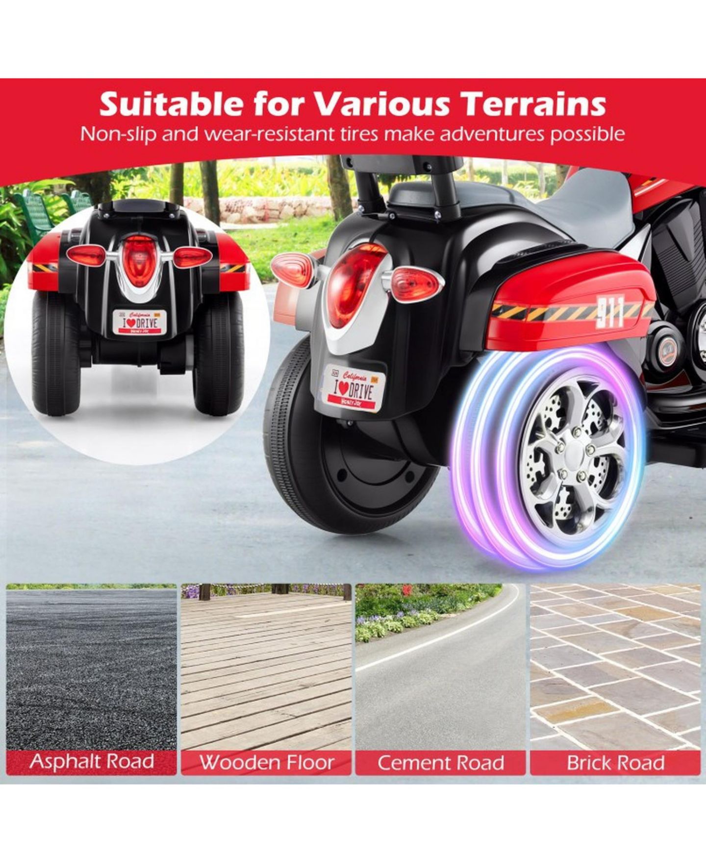 Детская игрушка SUGIFT Rechargeable 6V 3-Wheel Motorbike Ride-On Toy, 36"L x 19"W x 25"H, Ages 3+, цвет: Красный — фото 5