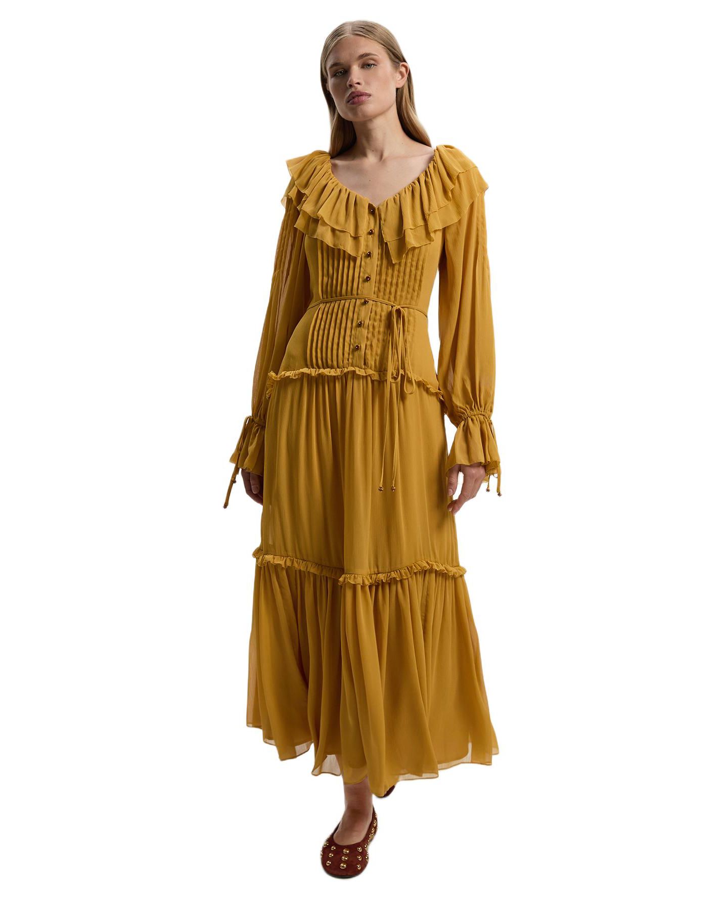 Женское платье Karen Millen Georgette Ruffle Woven Maxi, цвет: Ochre — фото 1