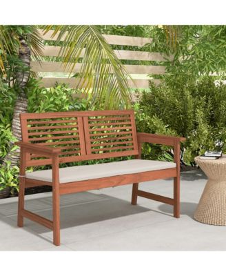 Outdoor Bench with Cushion 2-Person Patio Bench w/Slatted Back & Seat Garden Backyard Balcony