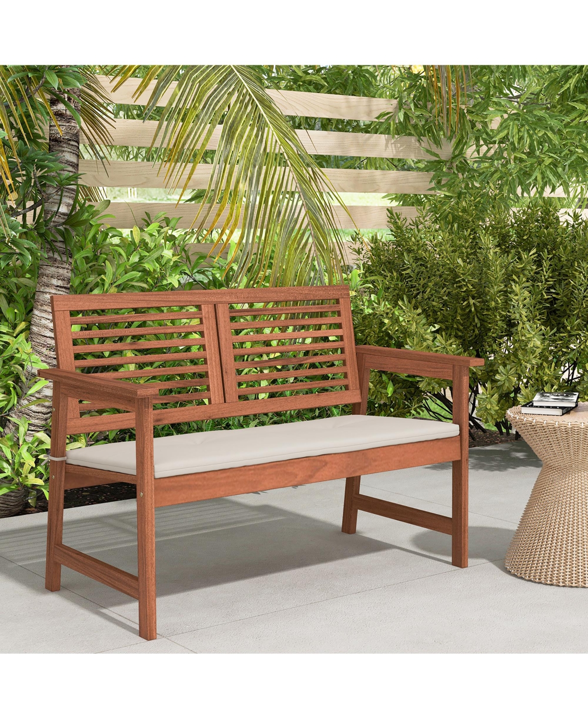 Gymax Outdoor Bench with Cushion 2-Person Patio Bench w/Slatted Back & Seat Garden Backyard Balcony
