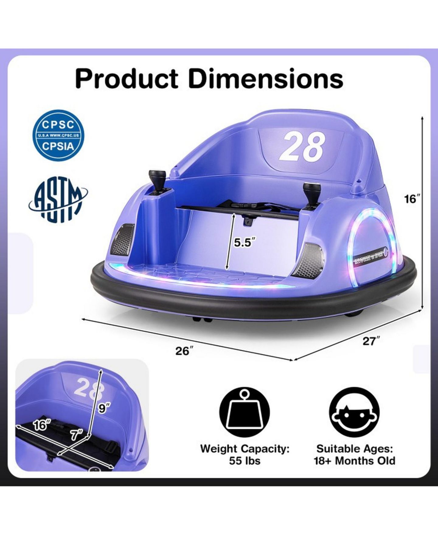 Детская игрушка SUGIFT 12V 360 Remote-Control Ride-On Bumper Car, Ages 18+ Months, цвет: Фиолетовый — фото 3