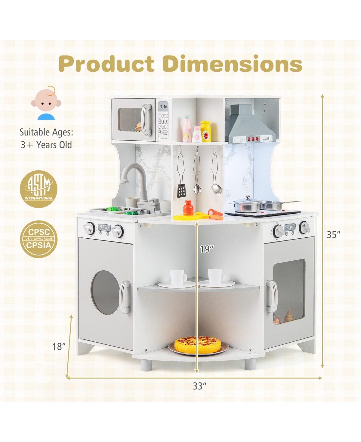 Sugift Kids Corner Wooden Play Kitchen with Range Hood and Stoves