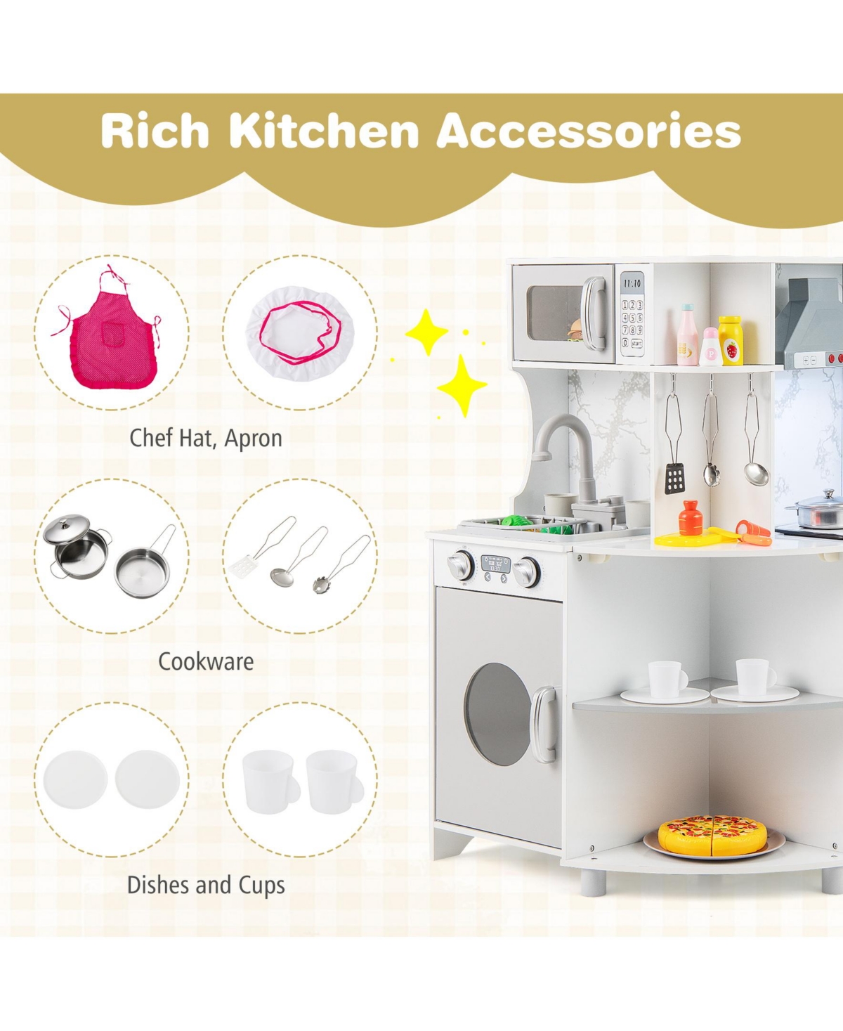 Sugift Kids Corner Wooden Play Kitchen with Range Hood and Stoves