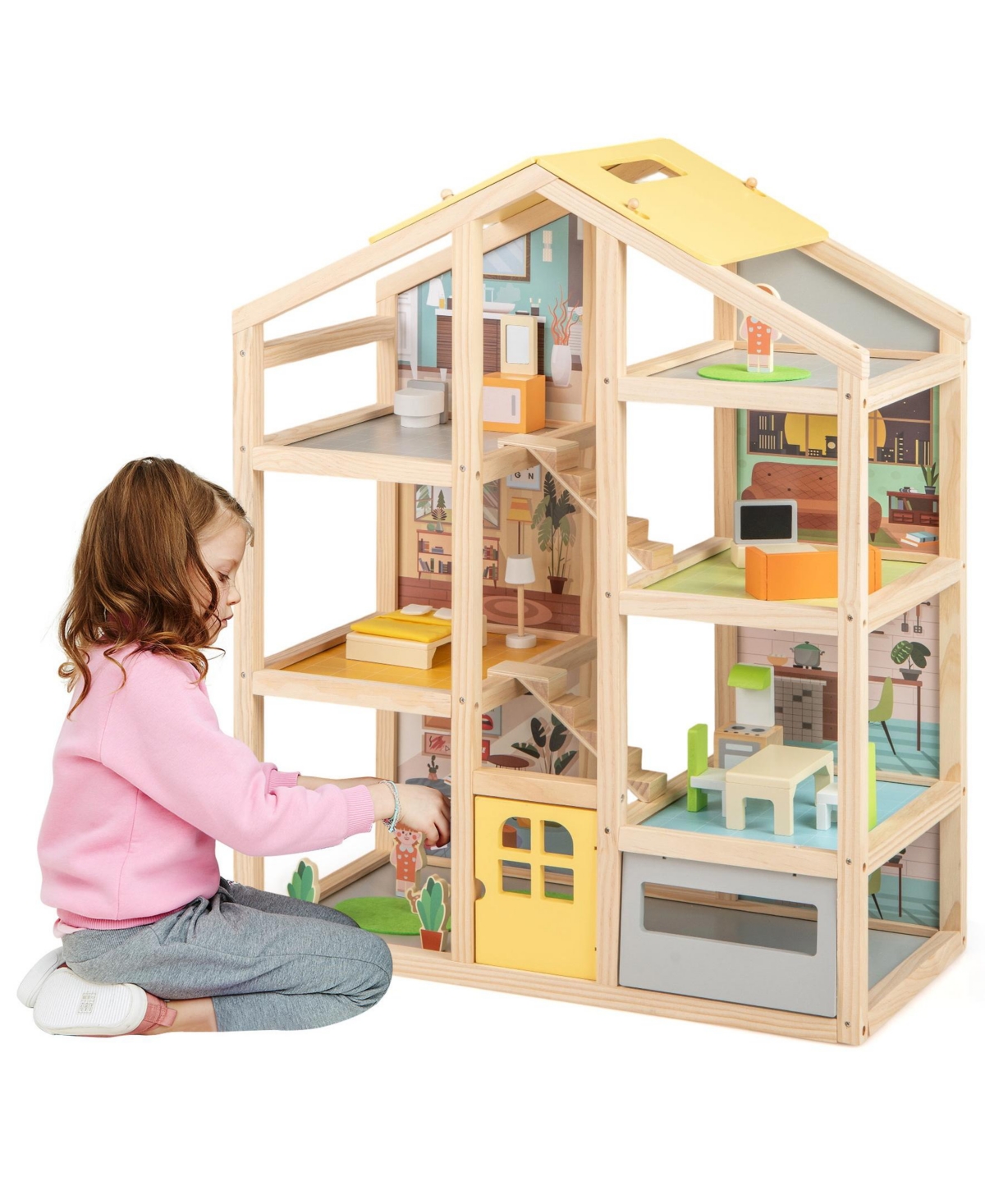 Sugift Wooden Dollhouse for Kids Modern Family Pretend Playhouse with Furniture Pieces and Figures