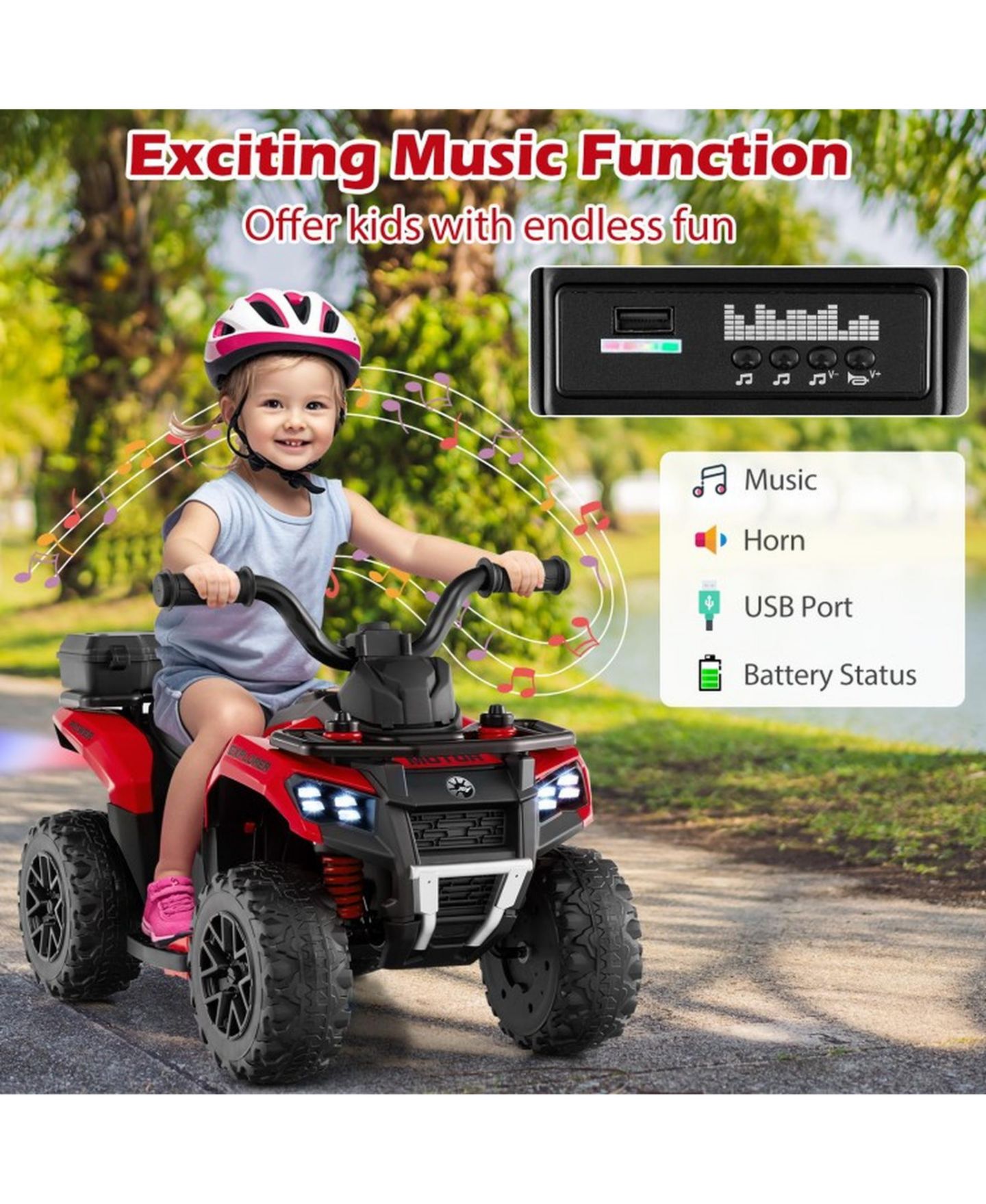 Детская игрушка SUGIFT 6V Kids Ride-On ATV with Spray Function and Music, 27"L x 16"W x 17"H, Ages 18+ Months, цвет: Красный — фото 3