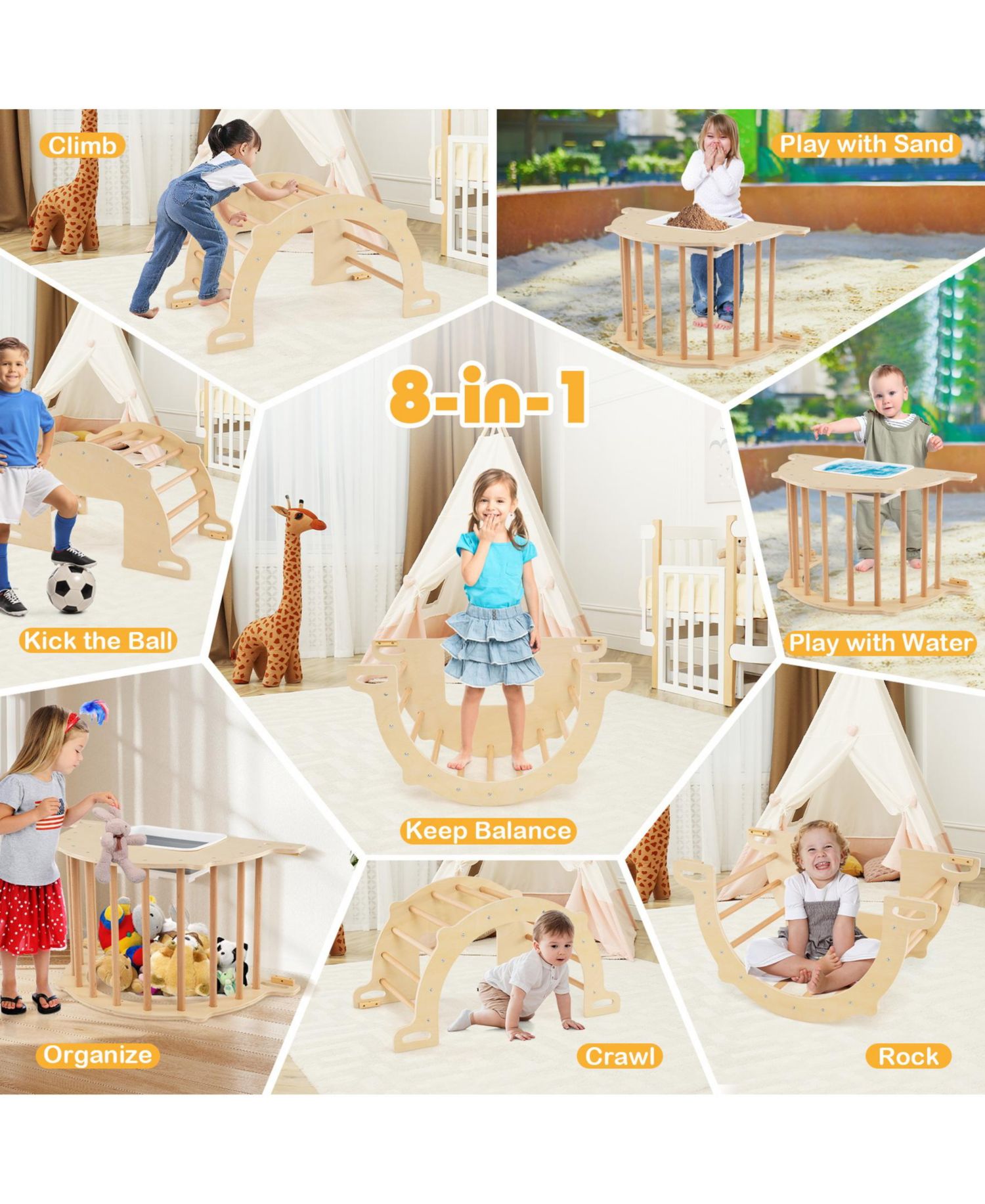 8-in-1 Wooden Climbing Arch Sensory Table and Collapsible Storage Bin, 2-Piece Set