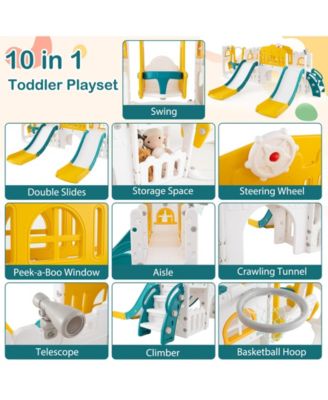 10-in-1 Toddler Slide and Swing Set with Double Slides and Tunnel