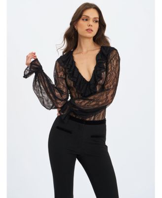 Women's Taliah Black Sheer Lace Ruffled Collar Bodysuit