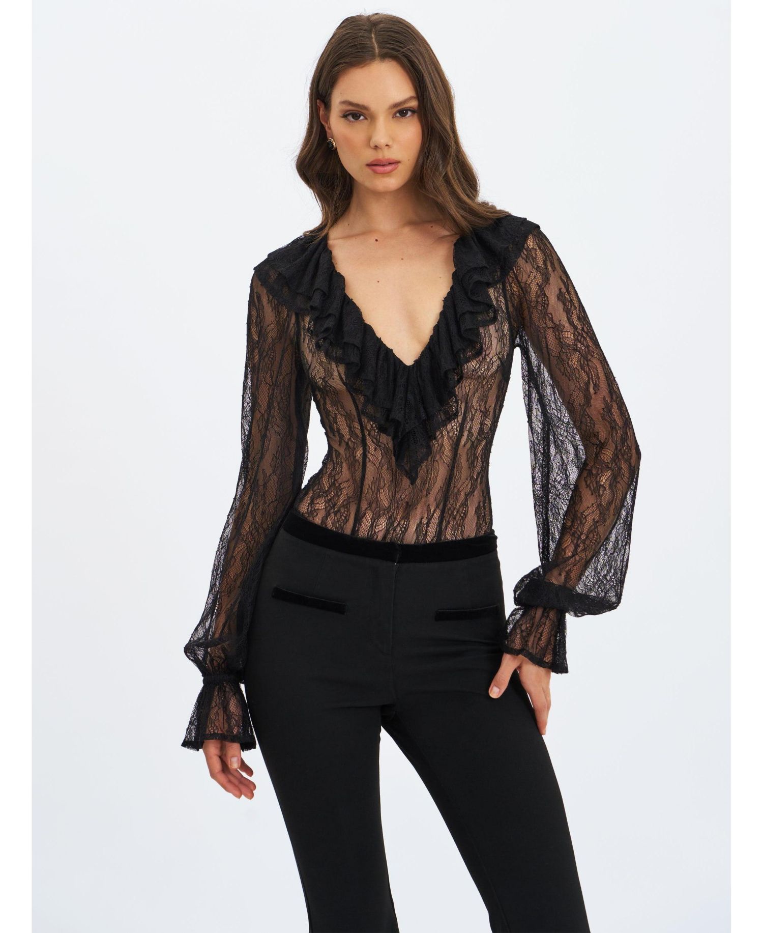 Women's Taliah Black Sheer Lace Ruffled Collar Bodysuit