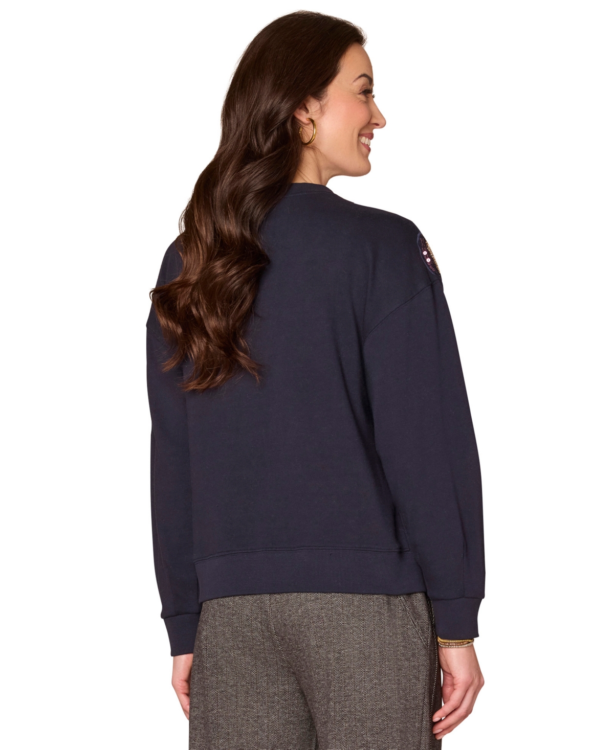 Democracy Women's Long Sleeve Beaded Crewneck Sweatshirt In Blue