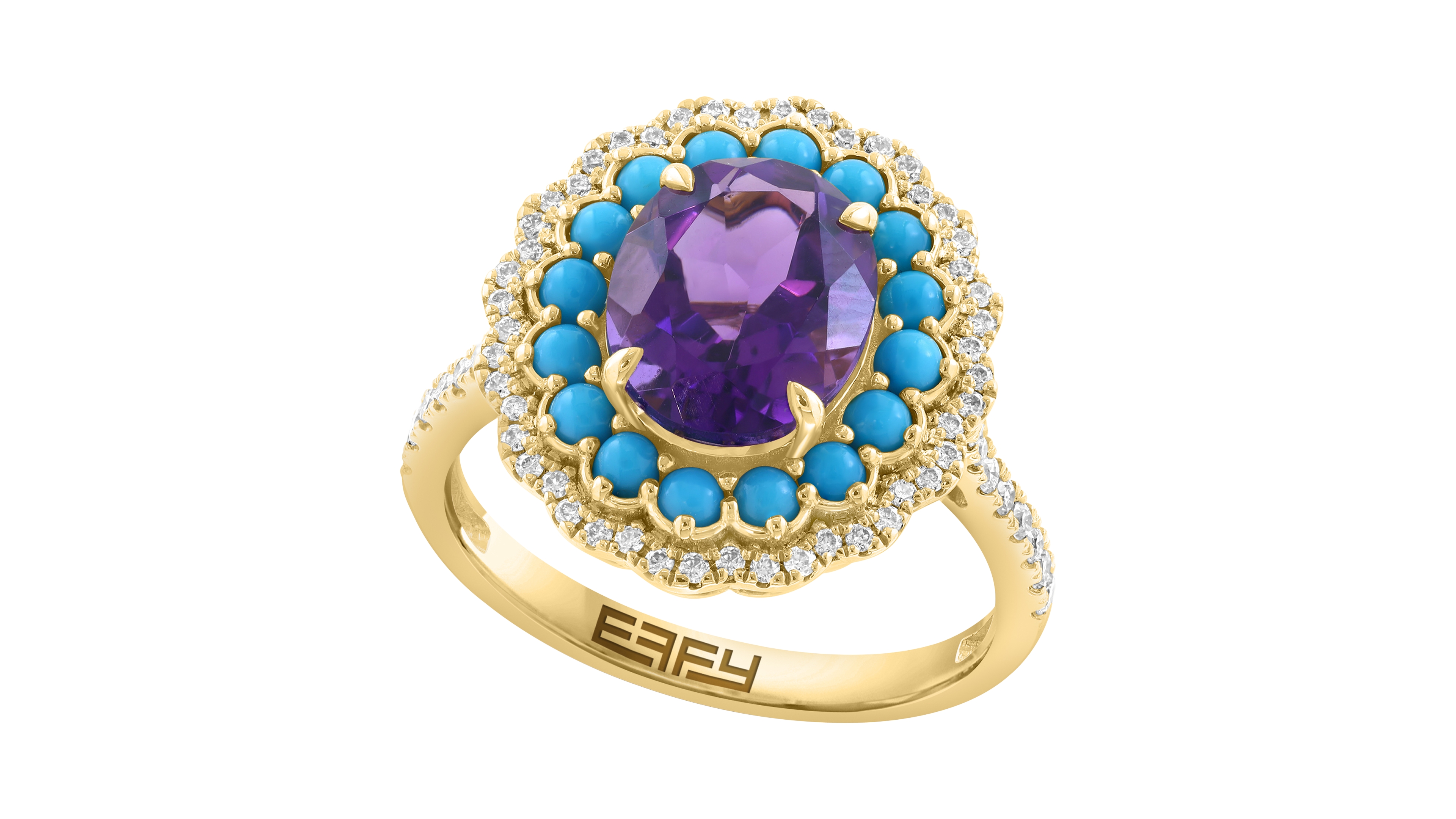 Effy Collection Diamond (1/3 ct. t.w.), Amethyst (2-1/2 ct .t.w.), and Turquoise Ring in 14K Yellow Gold