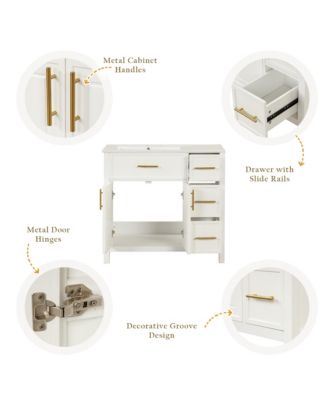 36" Solid Wood and MDF Bathroom Vanity with Sink Top, Cabinet Doors and Drawers