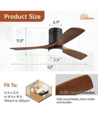 52-inch Modern Black 3 Solid Wood Blades Flush Mount Tri color Adjustable Ceiling Fan Light with Remote Control
