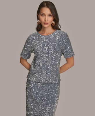 Donna Karan New York - Women's Embellished Sequin Short Sleeve Crewneck Top