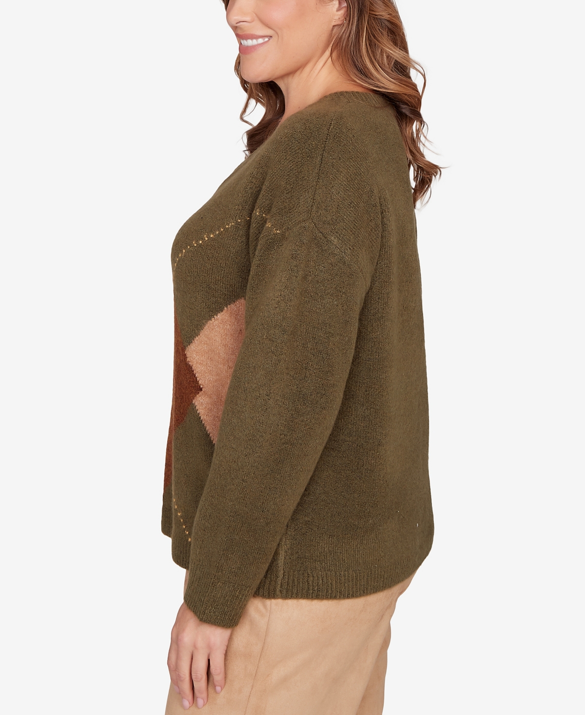 Hearts Of Palm Plus Size Argyle Long Sleeve V-neck Sweater In Brown