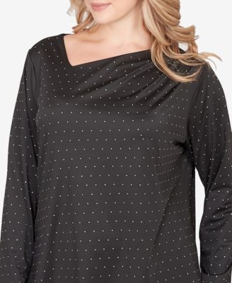 Plus Size Long Sleeve Asymmetrical Neck Top with Rhinestones