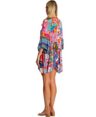 Women's Multicolor Mini Dress with Side Asymmetrical Hem and Beaded Neckline