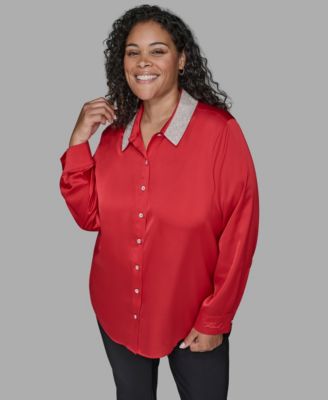 KARL LAGERFELD PARIS - Plus Size Crystal Collared Neck Shirt