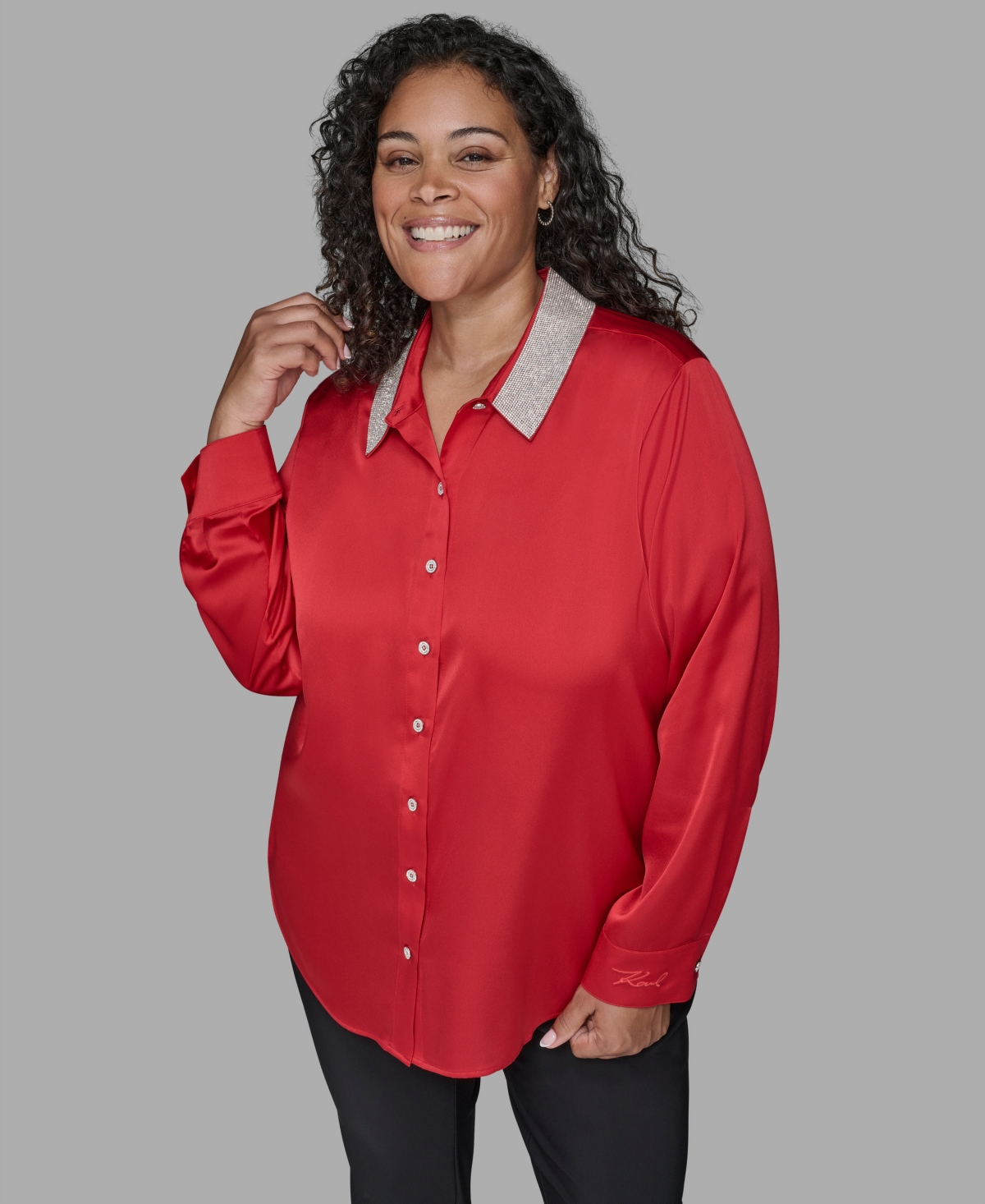 Karl Lagerfeld Plus Size Crystal Collared Neck Shirt In Multi