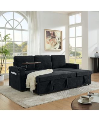 Maison Boucle Modern Chenille Upholstered Wood Pull-Out Sleeper with LED Lights, USB Ports & Cup Holders Sofa Bed