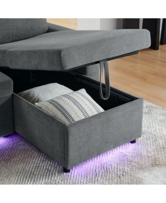 Maison Boucle Modern Chenille Upholstered Wood Pull-Out Sleeper with LED Lights, USB Ports & Cup Holders Sofa Bed