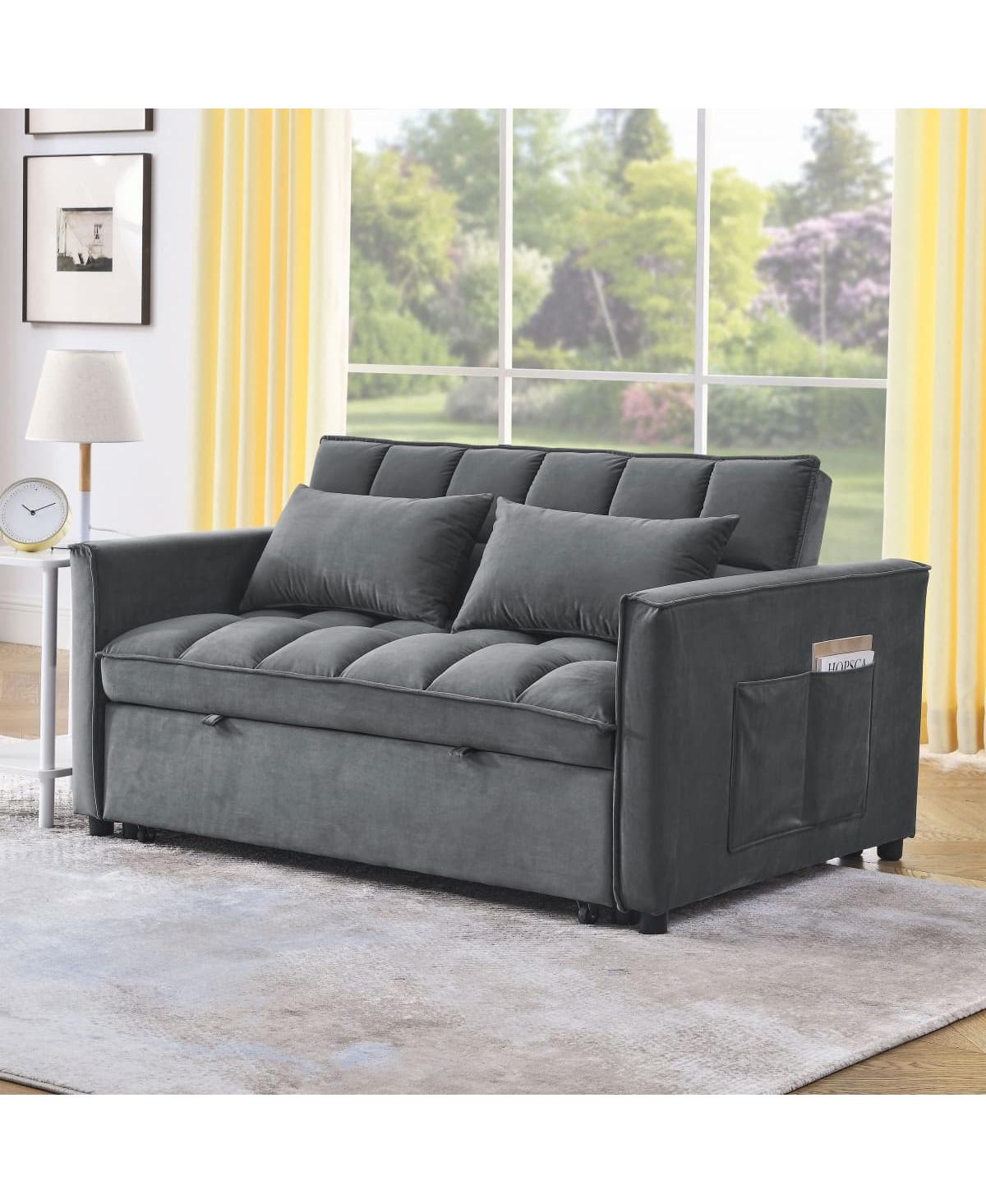 Maison Boucle Convertible Velvet Sofa Bed, 54'' Pull-Out Sleeper Loveseat with 3-Position Adjustable Backrest, Side Pockets & Pillows-Maison Boucle
