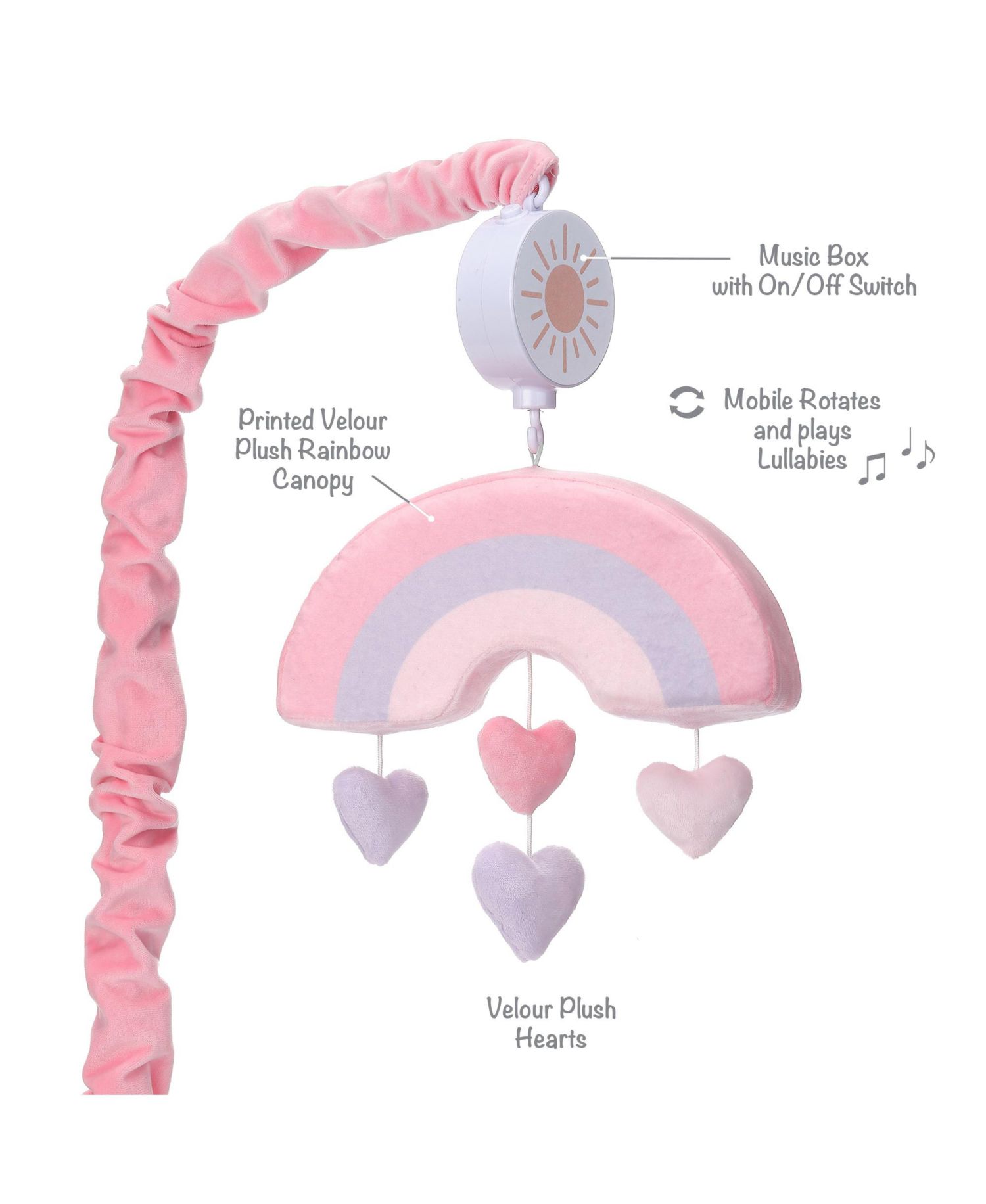 Rainbow Hearts Pink/Purple Musical Baby Crib Mobile Soother Toy