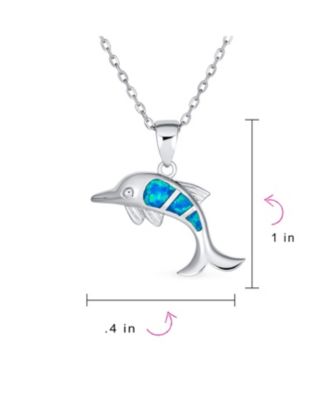 Created Blue Opal Inlay Nautical Ocean Marine Hawaiian Vacation Sea Life Dolphin Dangling Pendant Necklace .925 Sterling Silver