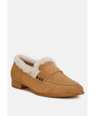 Rag and Co Womens Allie Faux Fur Trim Suede Loafers