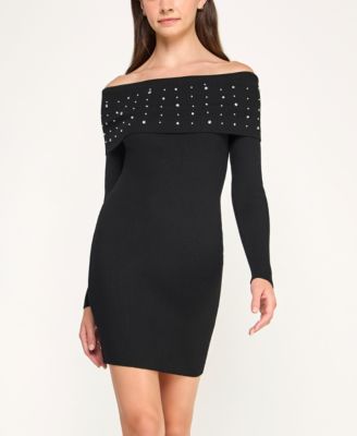 Juniors Off The Shoulder Rhinestone Fitted Sweater Dress