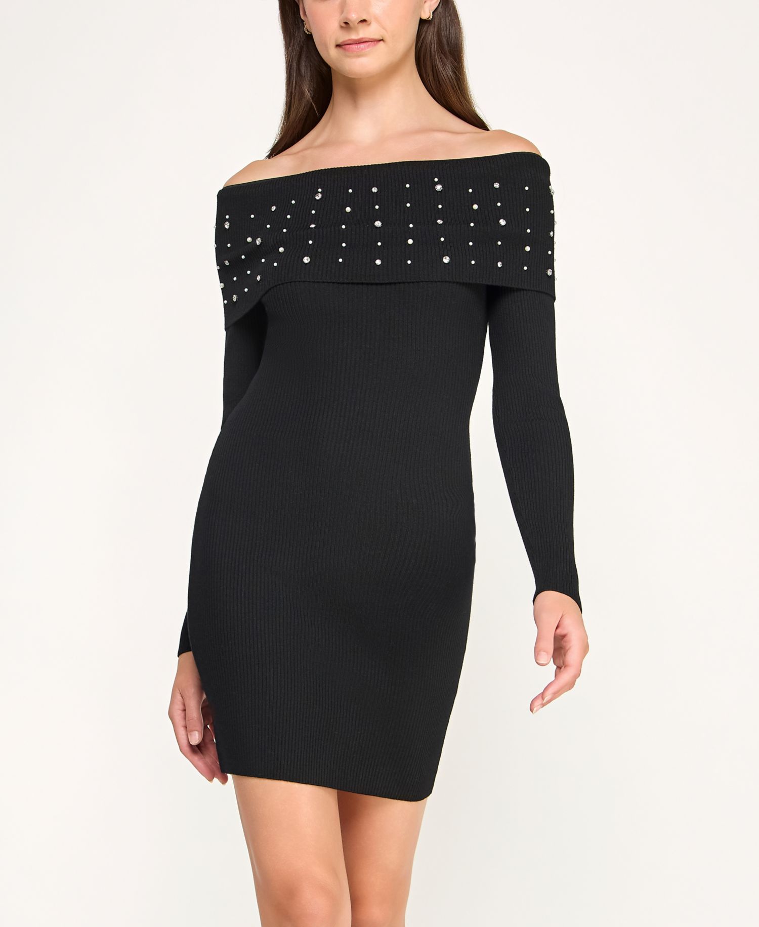 BCX Juniors Off The Shoulder Rhinestone Fitted Sweater Dress