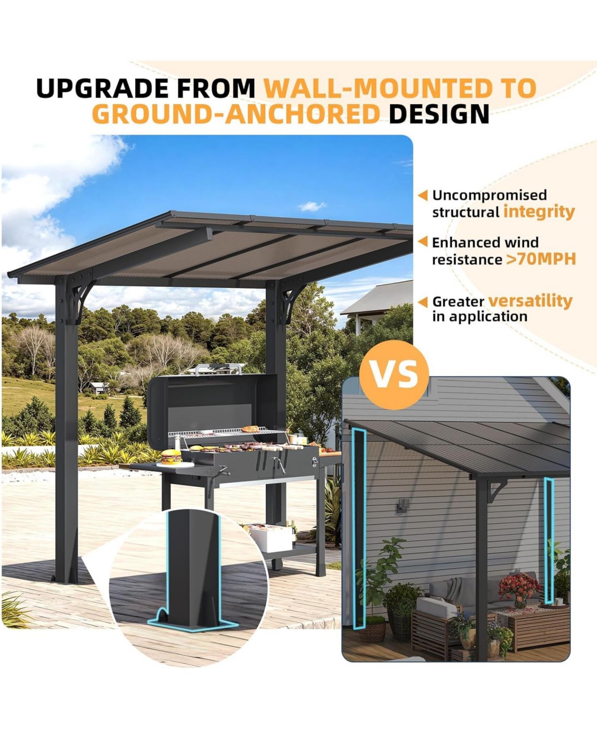 Aecojoy 8' x 5' Gazebo Outdoor Pergola for Patio, Freestanding Lean to Hard Top Grill Gazebo