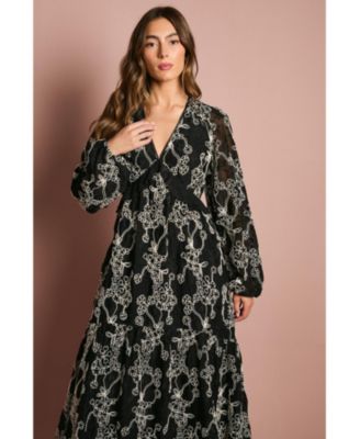 Women's Long Sleeve Broderie Floral Midaxi Dress