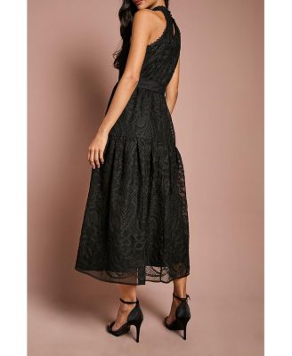 Women's Lace Organza Belted Halter Midi Dress