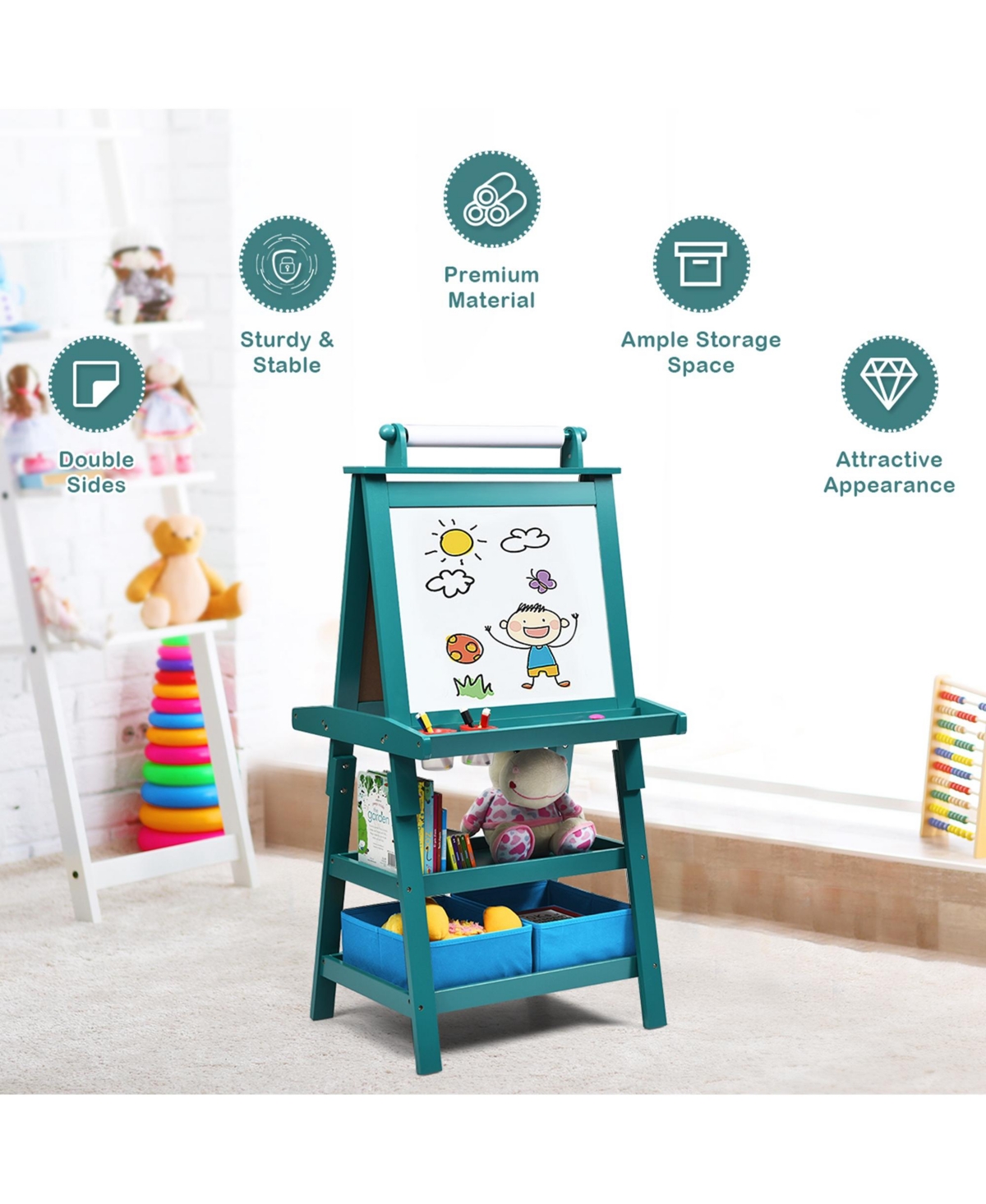 Kids Art Easel Double Sided Chalkboard Magnetic Whiteboard with Storage Tray