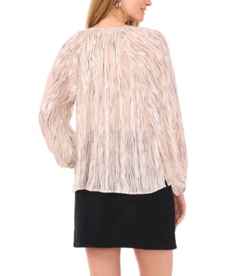 Women's Tie Neck Shirring Long Sleeve Peasant Top